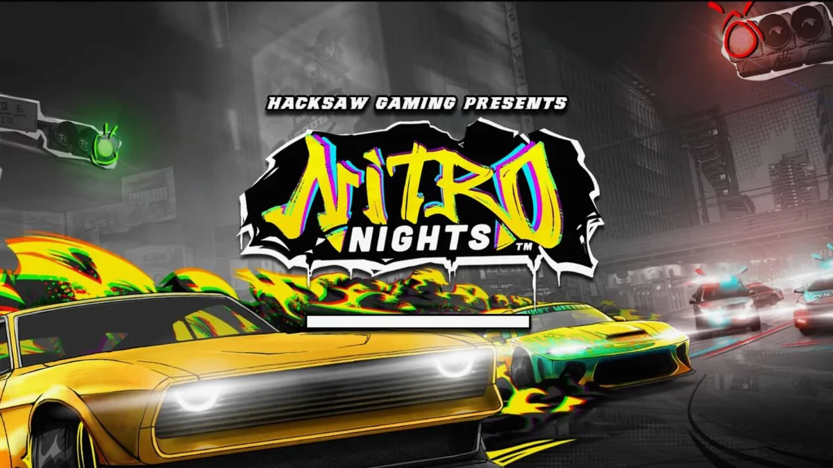 Tampilan layar permainan slot Nitro Nights dengan tema balap jalanan neon